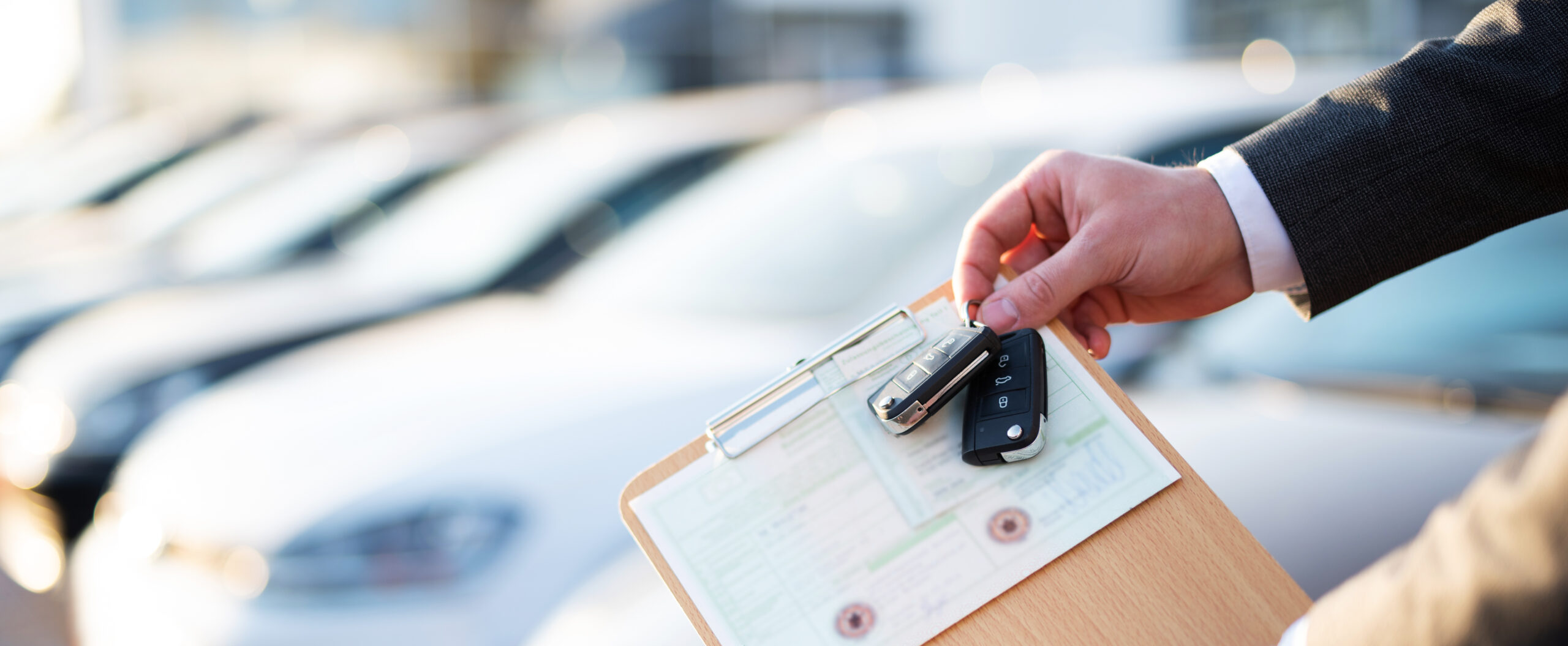 Autokauf, Verkäufer hält Zulassung Papiere und Schlüssel vor einer Reihe an Neuwagen